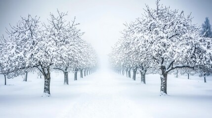 Fototapeta premium Winter Wonderland in Snow-Covered Orchard Rows