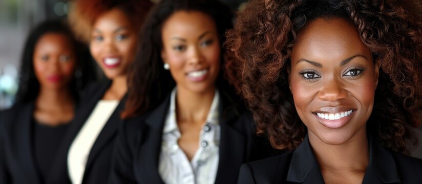 A group of professional African American women consultants welcoming clients at a conference