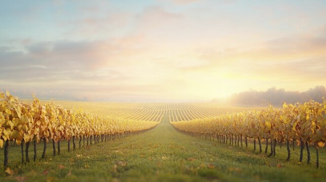 Autumn vineyard excursion, golden vines sprawling wide, bathed in the warm embrace of the setting sun.