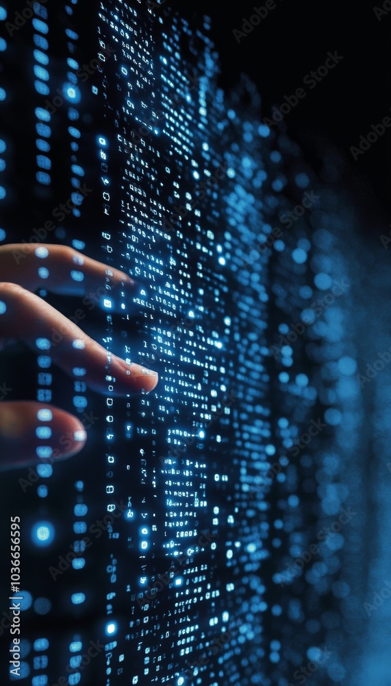 Poster finger interacting with cascading binary code data stream in futuristic technology concept