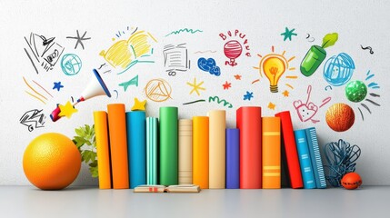 A  image featuring a playful row of illustrated book icons on a gray table, contrasted with a chalkboard background decorated with fun school-themed doodles, ready for back-to-school.
