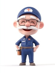 Fototapeta premium A cheerful cartoon character resembling a mechanic with glasses and a toolbox.