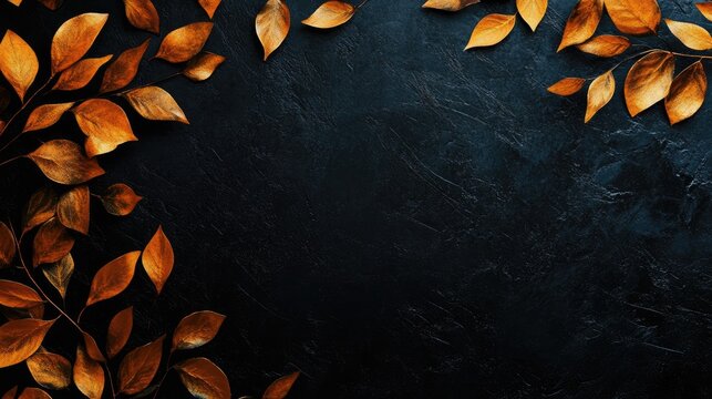 Golden and orange leaves embellish a dark background, setting a luxurious and artistic tone