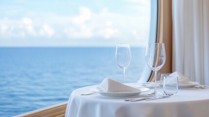 Enjoy a cruise ship dining experience with an elegant table arrangement and stunning ocean views framed by expansive windows, creating an unforgettable atmosphere for your meal.