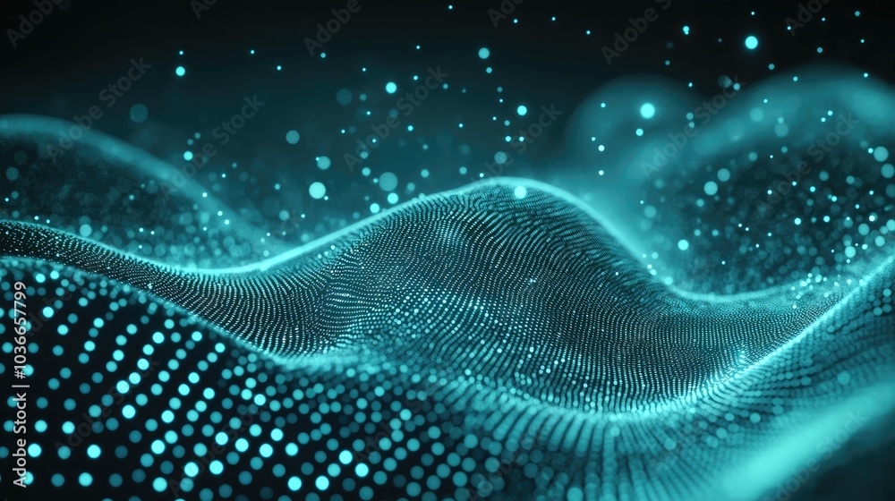 Fototapete Dynamic waves of teal particles create a captivating abstract high-tech background