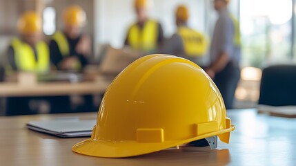 Yellow hard hat on a table with construction workers discussing in the background.