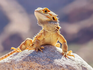 Obraz premium Bearded Dragon Beautifully Detailed While Basking on a Rock
