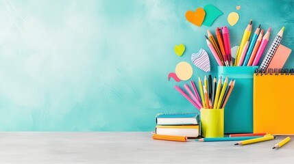 A playful back-to-school scene with colorful illustrations of school supplies, including crayons and notebooks, neatly arranged on a gray table against a chalkboard backdrop.