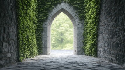 Fototapeta premium Gothic castle with towering arches, ivy creeping up dark stone walls, moody and atmospheric lighting