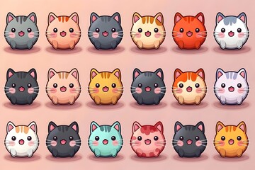 A delightful assortment of cute, cartoon-style cats in various colors and patterns, showcasing their playful expressions and adorable features in a playful arrangement.