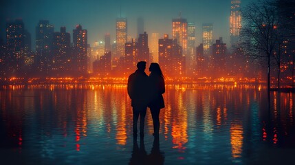 Fototapeta premium Silhouette Couple City Skyline - Romantic Urban Love