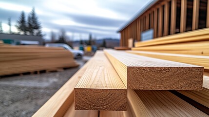 Close-up of stacked wooden planks at a construction site, emphasizing texture and color.