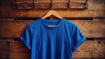 A rack of shirts,royal blue t-shirt hanging on a hanger for mockup, simple blue plain tee t-shirt hanging on wooden hanger with plain background for summer tee,clothes,apparel,clothing banner,fashion