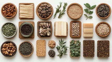 A white background showcasing a variety of organic materials like bamboo, cork, and jute, ideal for eco-friendly branding and product photography that emphasizes sustainability