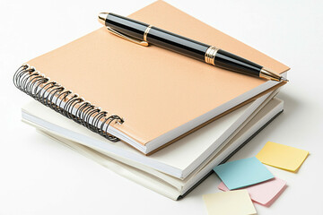 Naklejka premium A stack of notebooks and sticky notes with a pen on top, ideal for jotting down ideas or organizing tasks.