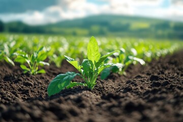 Freshly planted spinach sprouts thriving in fertile soil under a sunny sky in a rural farming landscape during spring