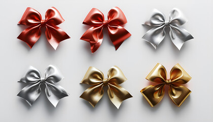 Set of neon foil bows, red, white, gold, silver color metallic with shadow on isolated white background. foil bow, decoration for holiday