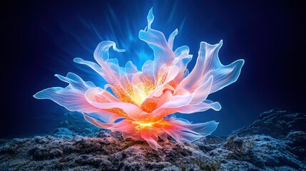 Deep-sea creatures with glowing patterns, gently floating above the ocean floor, covered in cold, dark, rugged terrain at 10,000 meters deep.