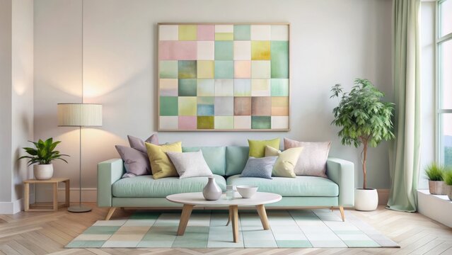 A soft-hued pastel abstract painting featuring squares, perfect for modern interiors and art enthusiasts seeking a calming, contemporary touch to their decor.