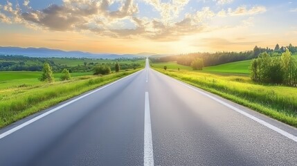 Fototapeta premium Empty Asphalt Road Through Green Fields at Sunset, Scenic View, Success, and Inspiration.