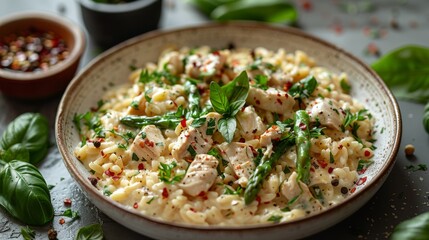 Delicious creamy pasta with chicken, spinach, and asparagus in a bowl. Concept focuses on appetizing and healthy homemade dishes. For food-related content...