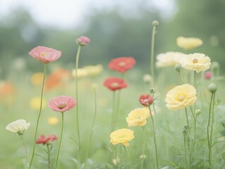 Naklejka premium The summer garden bursts with color, showcasing brilliant red and yellow flowers while a gentle breeze carries the sweet scent of blossoms through the sunlit afternoon.