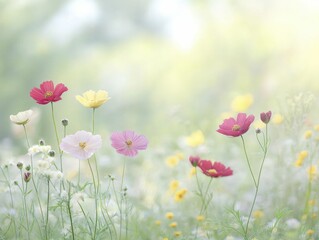 Fototapeta premium Summer garden in full bloom, vibrant red and yellow flowers, soft breeze in the air