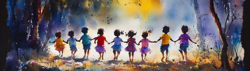 Naklejka premium An enchanting journey of friendship a colorful watercolor representation of children holding hands in nature's embrace