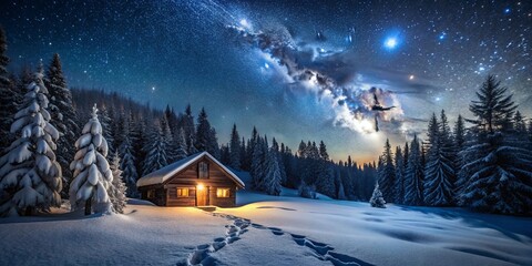 Fototapeta premium A solitary wooden cabin glows with warm light amidst a snowy forest, illuminated by the celestial tapestry of a starry night sky, featuring a luminous Milky Way.