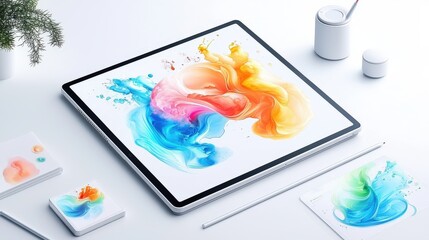 mage shows a graphic tablet up close, featuring customization options specifically designed for influencer collaborations in a minimalist style