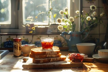 Sunlit Kitchen Table with Bread, Jam, and Flowers