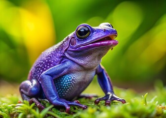 Fototapeta premium A stunning purple frog with its tongue out stands out against a vibrant green and purple background, showcasing the beauty of exotic wildlife in a macro shot.