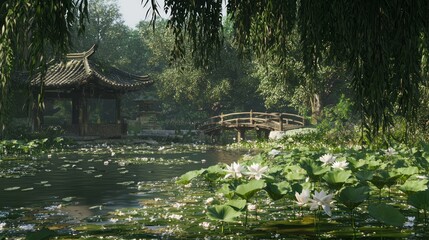 Naklejka premium Serene Lotus Pond in Medieval Japan with Wooden Bridge and Shrine | Ultra-Detailed Landscape Photography