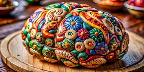 A stunning wooden brain sculpture, adorned with vibrant colors and intricate patterns, beautifully captures the essence of creativity and the complexity of thought in captivating food photography.