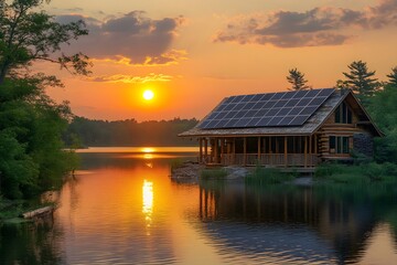 Fototapeta premium Log Cabin with Solar Panels on Lake at Sunset