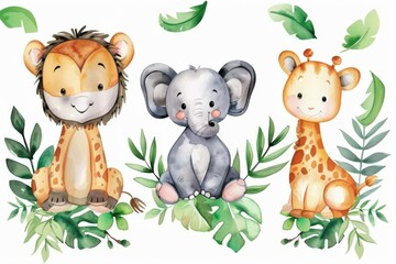 Naklejka premium Watercolor Illustration of a Lion, Elephant, and Giraffe in a Jungle Setting
