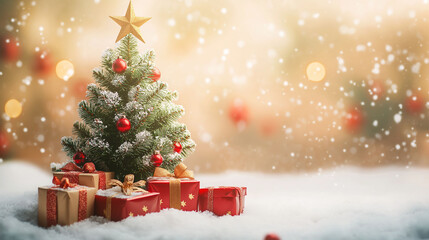 Christmas Tree And Gift Boxes On Snow