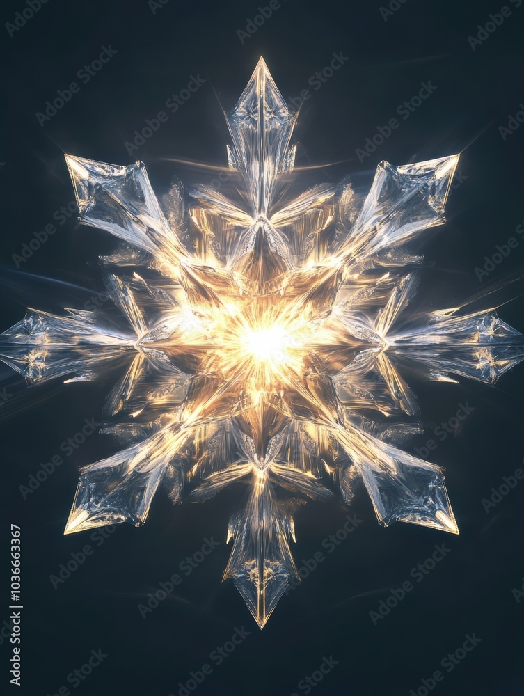 Poster intricate symmetrical geometric shapes appear as snowflakes, featuring a luminous core that creates 