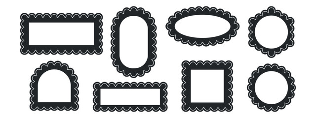 Set of rectangular, round, oval and square scalloped frames. Zig zag Wavy Edge. Abstract elements for tag, stickers. Vector illustrations set isolated on white