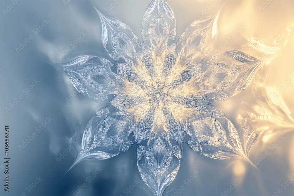 Poster Intricate snowflake patterns showcase symmetry and delicate details in a captivating blend of blue and gold hues. Generative AI