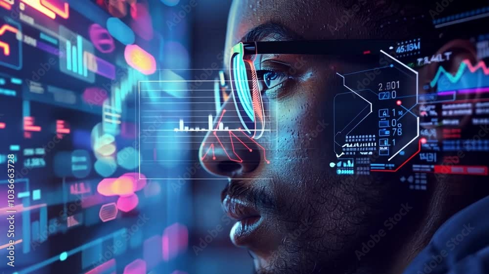Aufkleber An individual observes complex data visualizations and graphics on multiple screens, immersed in a technology-focused environment during evening hours.