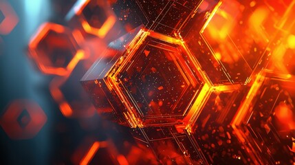 This image features a modern abstract design showcasing hexagonal shapes with a vibrant orange and red color scheme, highlighted against a dark background.