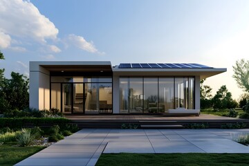 Modern House with Solar Panels and Patio