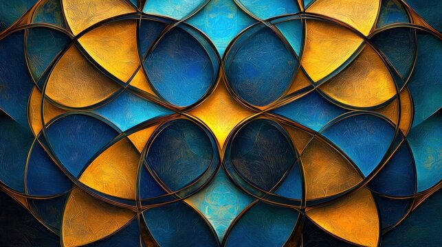 An artistic representation featuring blue and gold intersecting shapes in a modern design. A vibrant geometric texture depicting abstract art.