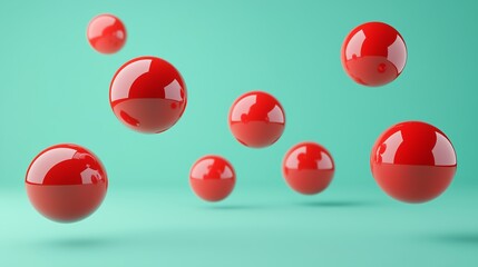 Multiple red 3D-rendered cartoon-style balls floating against a mint green background, designed with a glossy and smooth texture for visual appeal.