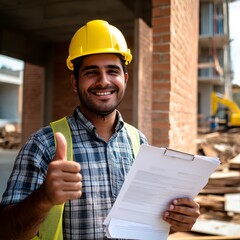Smiling male construction worker giving a thumbs up at a building site.