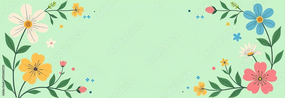 Poster a green background with a flowery border. the flowers are in various colors and sizes.