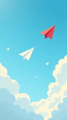 A blue sky with a few clouds and two red paper airplanes flying in the sky. 