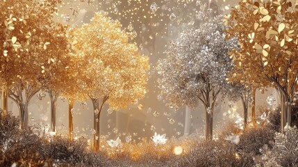 Fototapeta premium A stunning scene with golden and silver trees of various sizes, each with sparkling leaves, surrounded by a magical backdrop of jewels and diamonds