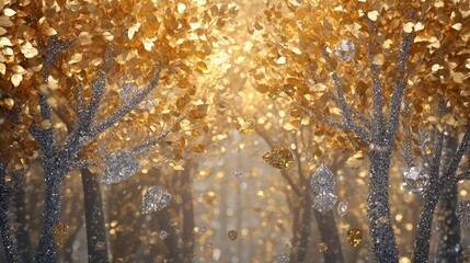 Elegant golden and silver trees with radiant leaves, surrounded by a breathtaking backdrop of diamonds and gems, creating a fairytale-like atmosphere